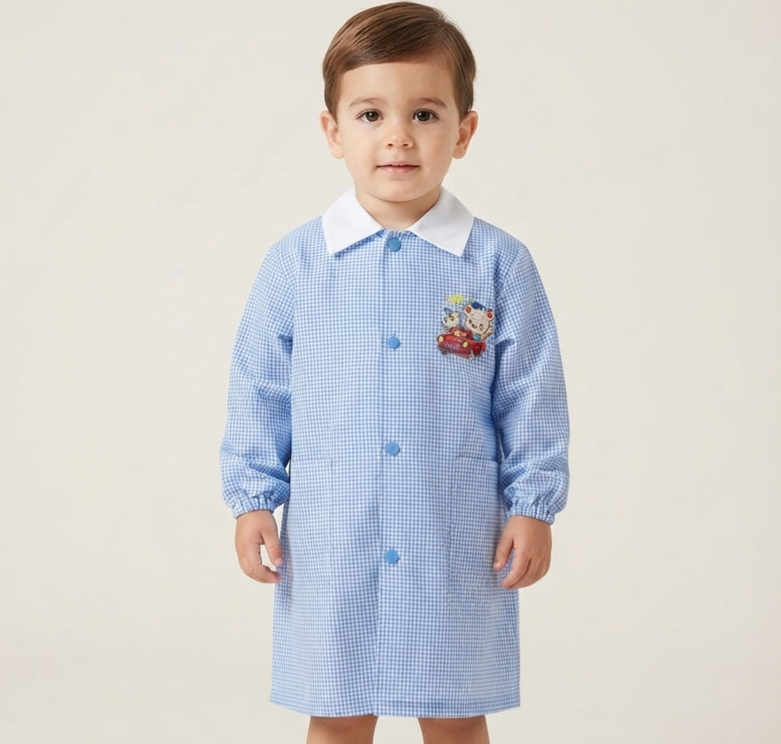 Grembiule per Asilo Yes Do Kids - Quadretti Azzurri con Ricamo Macchina