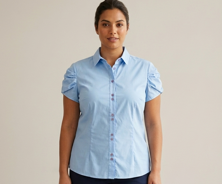 Camicetta in Cotone Celeste con Maniche a Sbuffo