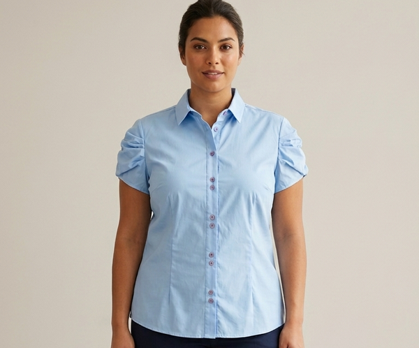 Camicetta in Cotone Celeste con Maniche a Sbuffo