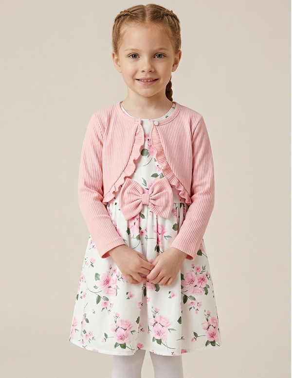 Completo Bimba: Abito Floreale con Coprispalle Rosa