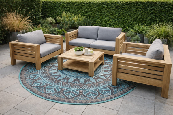 Buitenkleed rond 180cm, Turquoise/ivoor/blauw/crème