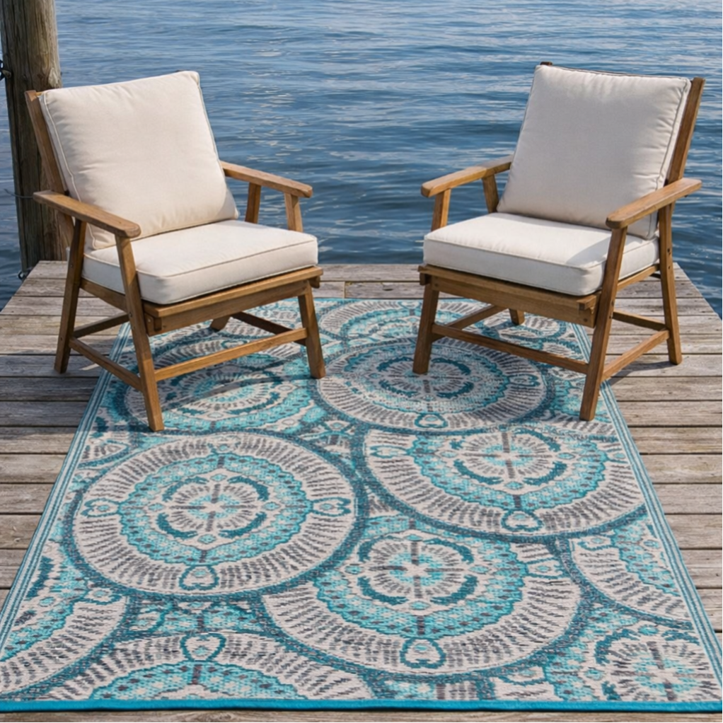 Buitenkleed 120-180cm licht blauw/ivoor/bruin