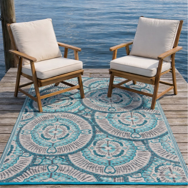 Buitenkleed 120-180cm licht blauw/ivoor/bruin