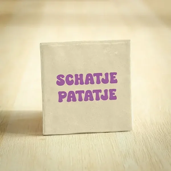 -70%, Tegeltje - Schatje Patatje | Beige & Paars | 10x10cm