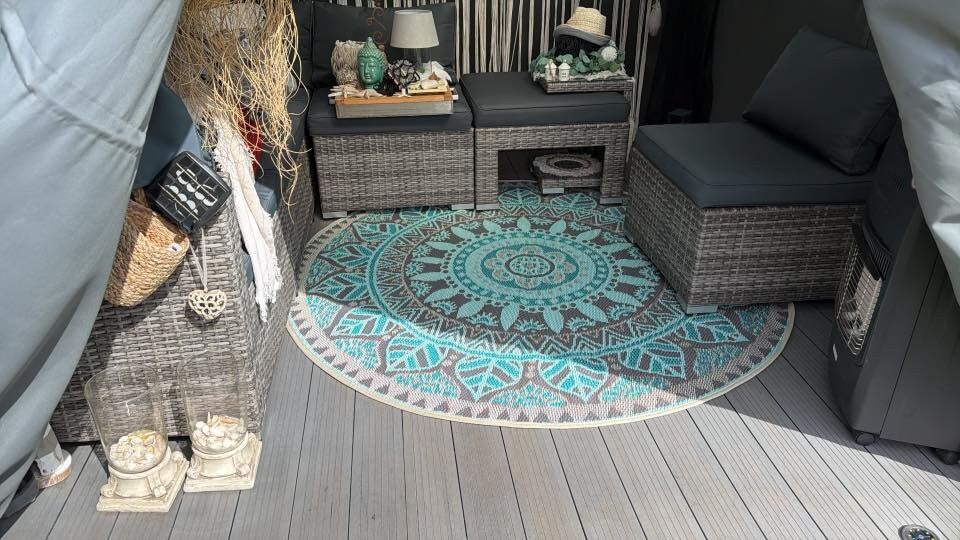 Buitenkleed rond 180cm, Turquoise/ivoor/blauw/crème