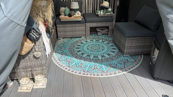Buitenkleed rond 180cm, Turquoise/ivoor/blauw/crème
