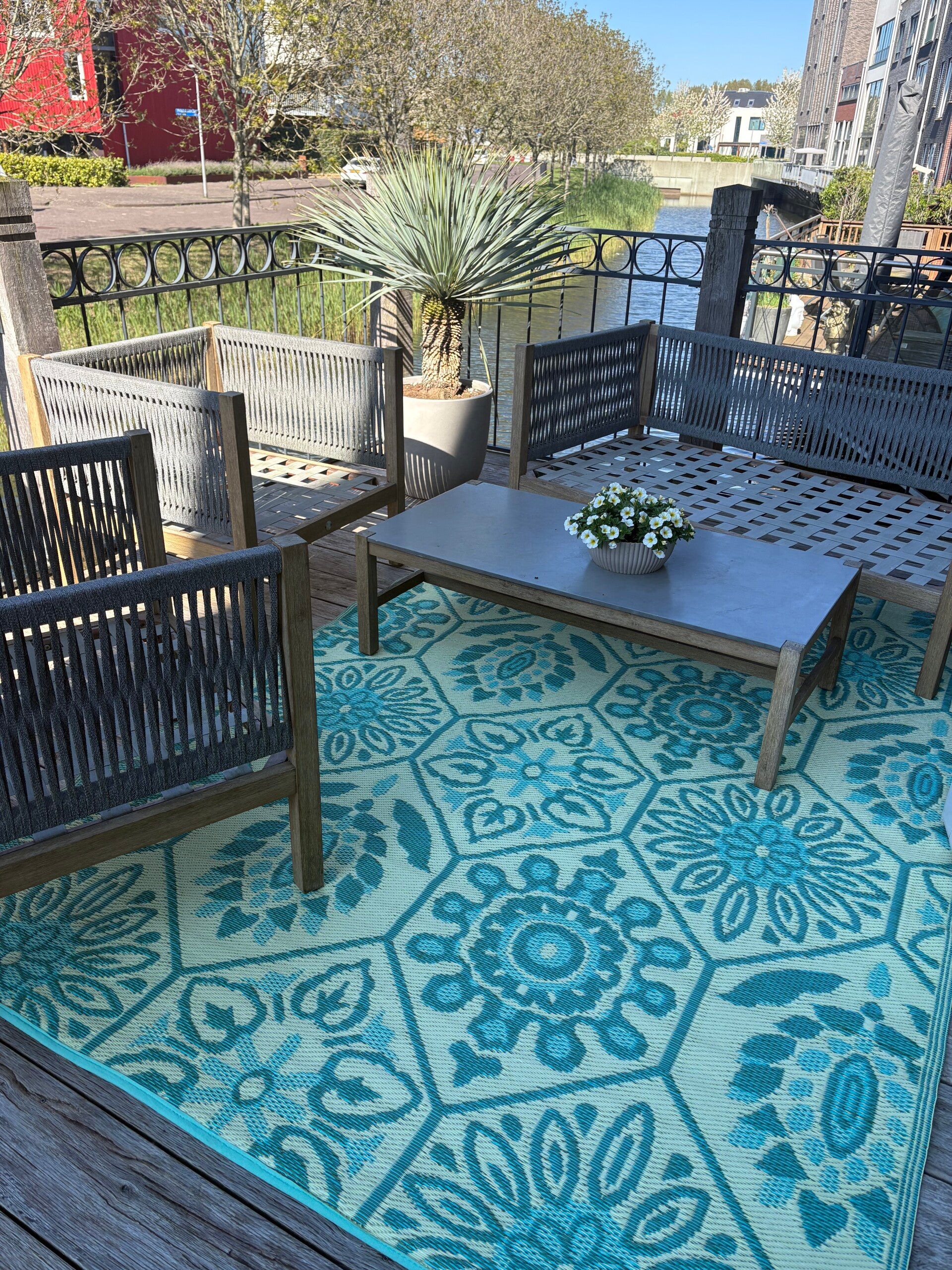 Buitenkleed 180-270cm, zeegroen/creme/licht geel/blauw