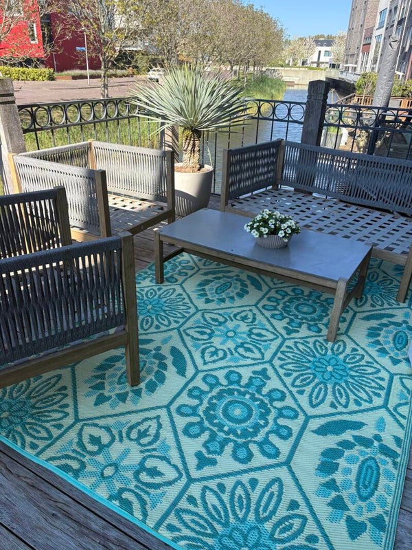 Buitenkleed 180-270cm, zeegroen/creme/licht geel/blauw