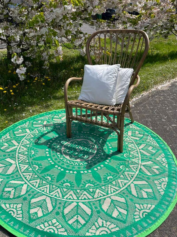 -60% korting ,Buitenkleed rond 175cm, groen/wit,  mandala