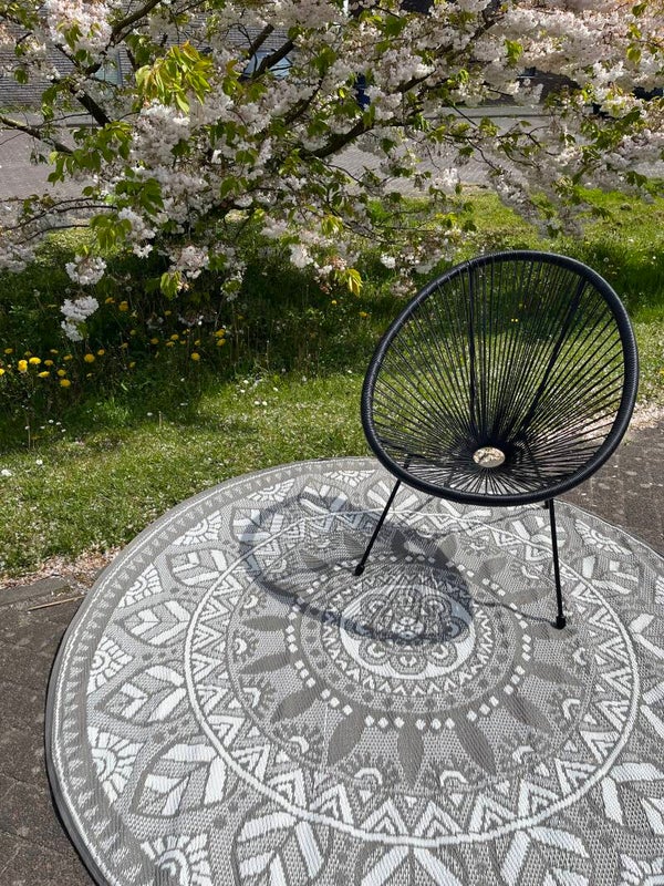 -50% korting, Buitenkleed rond 175cm, taupe/wit, mandala