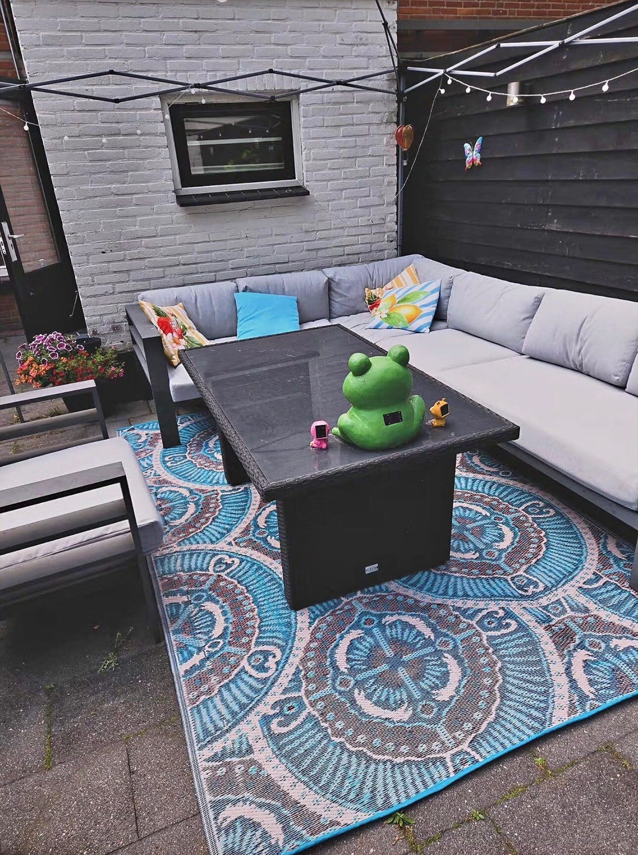 Buitenkleed 180-270cm, licht blauw/ivoor/bruin