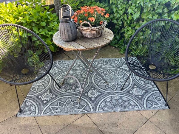 Buitenkleed 120-180cm zwart/wit/grijs, bloem