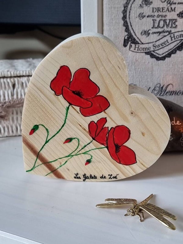 Cœur en bois Fleuri de Coquelicots