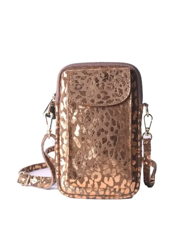 Nubuck / leren telefoontasje metalic Panter brons