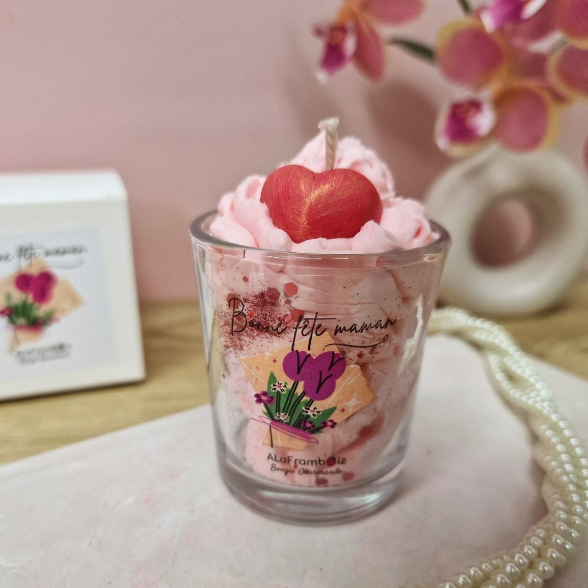 Petite bougie coeur Barbe à papa — Édition Bonne Fête Maman