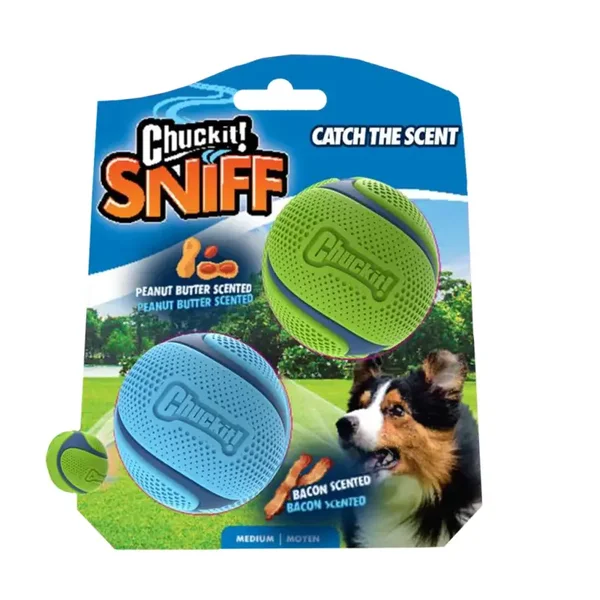 CHUCKIT snif fetch balle parfumées bacon et beurre de cacahuète M (pack 2 balles)
