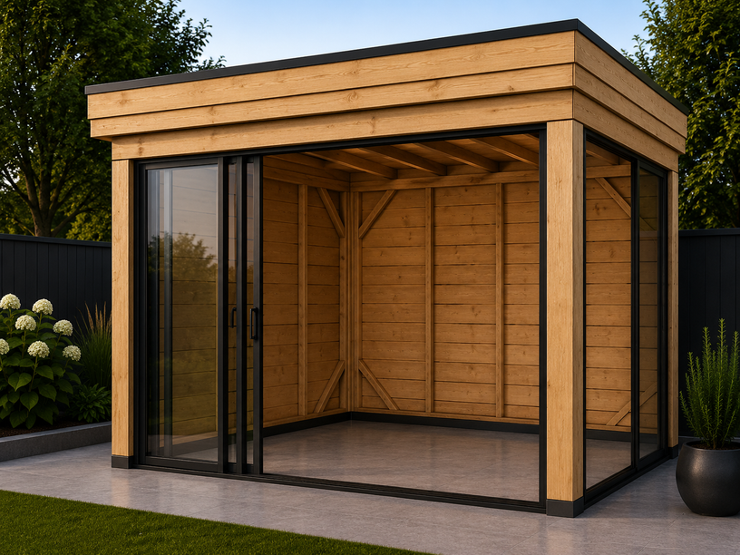 Overkapping 3x3 Achterwand + zijwand + glas voor + zij