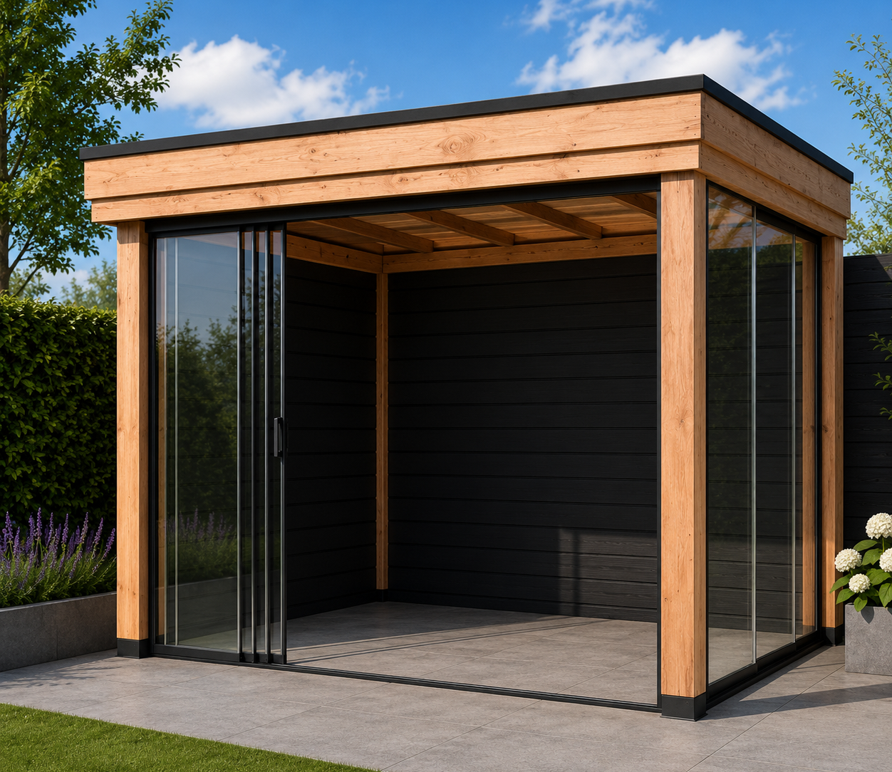 Overkapping 3x3 Achterwand + zijwand + glas voor + zij