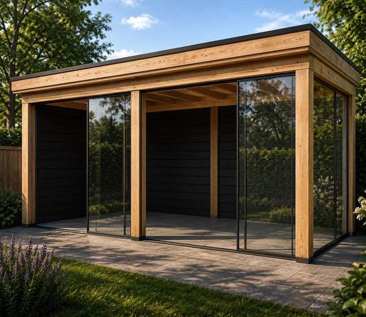 Overkapping 5x3 Achterwand + zijwand + glas voor + zij