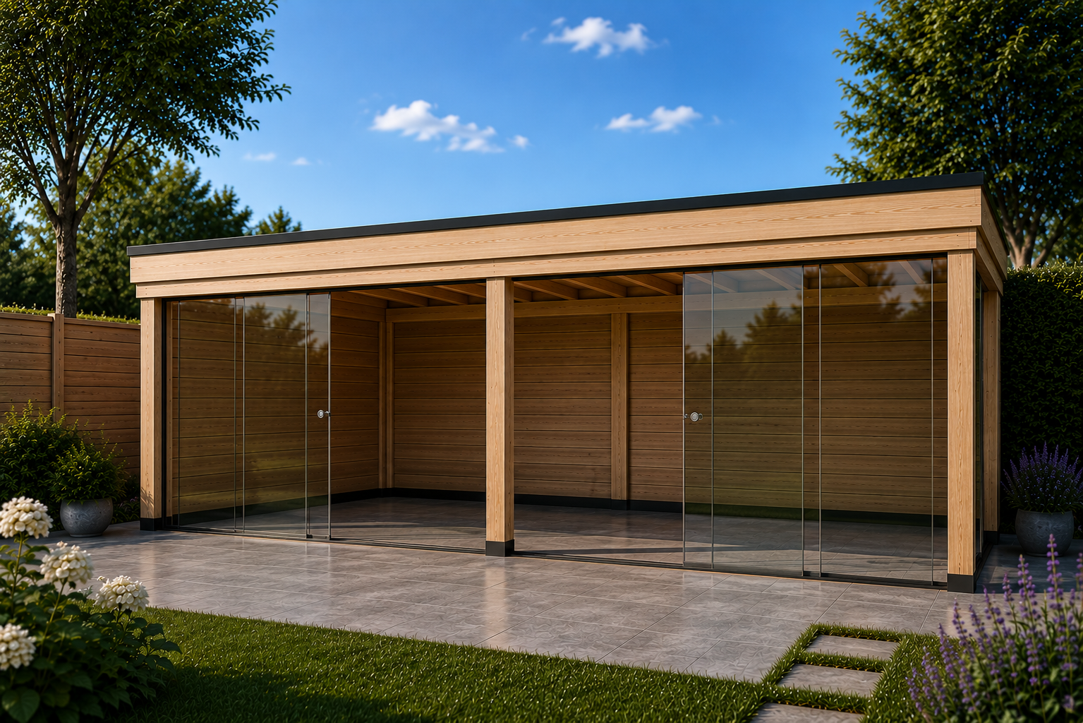 Overkapping 8x3 Achterwand + zijwand + glas voor + zij