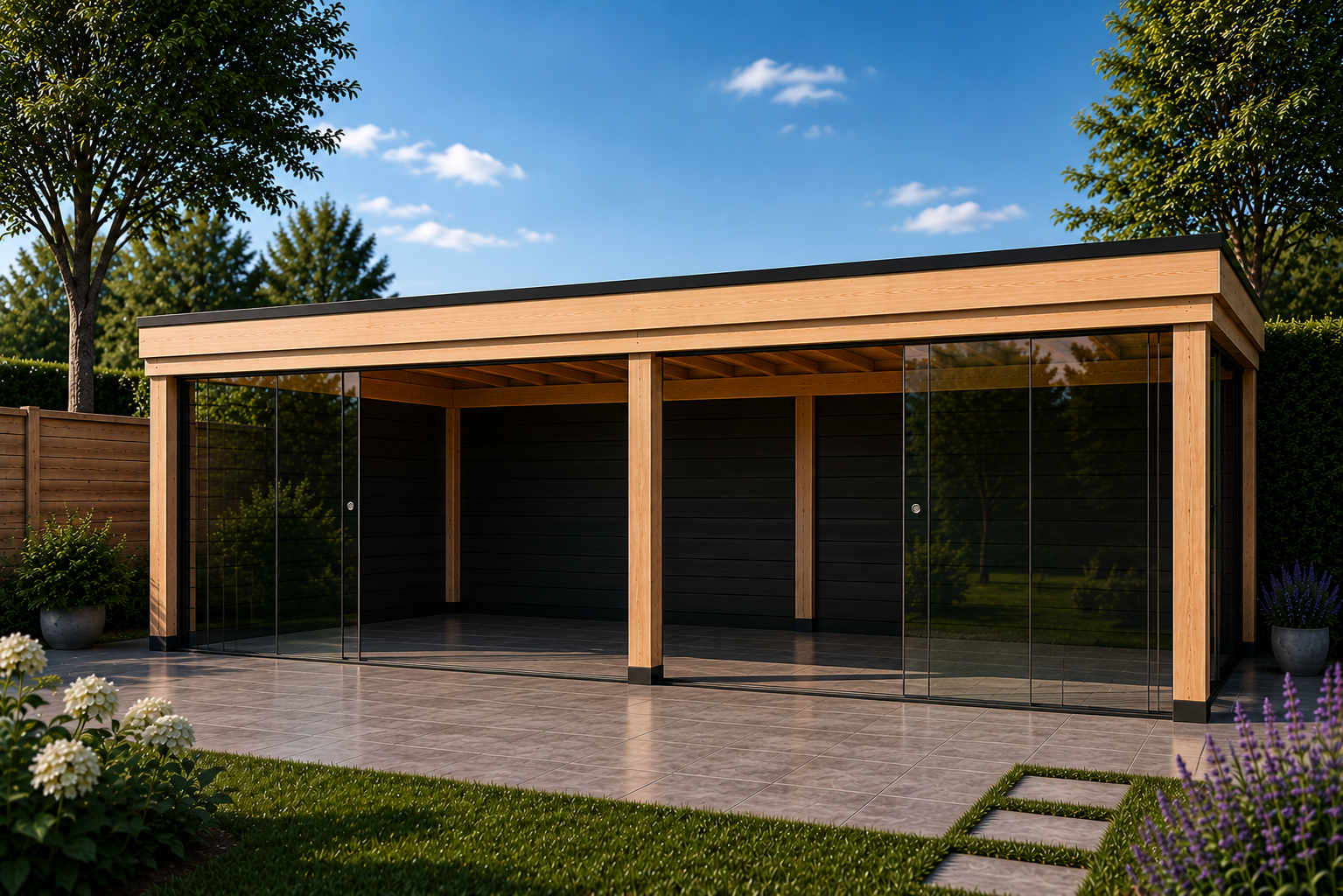 Overkapping 8x3 3 wanden + glas voor