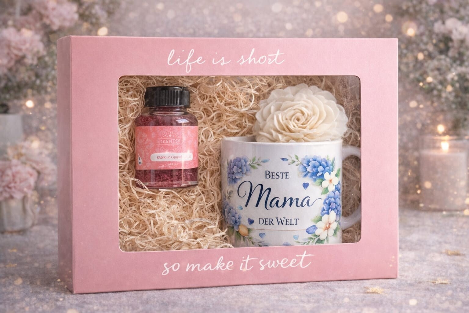 Muttertags Geschenkset - Duftblume & Personalisierte Tasse