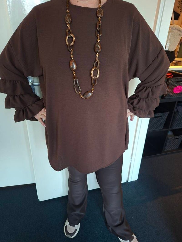 Ruffle mouw blouse bruin 1571