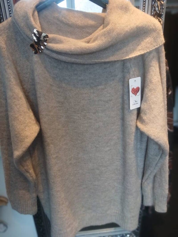 Trui met col en broche beige 1776