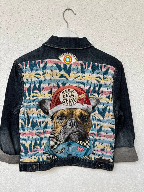 Up-cycled jeans jacket Franse bulldog