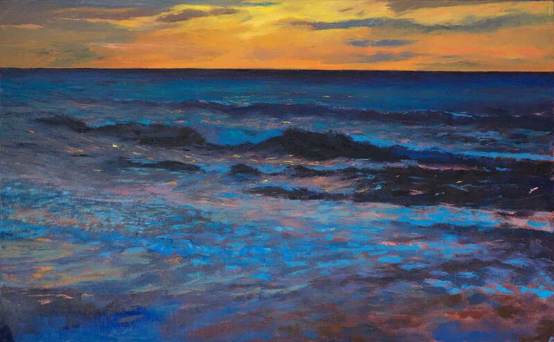 The sun setting over the sea with rocks exposed by a low tide - an original oil painting by Anne Toms