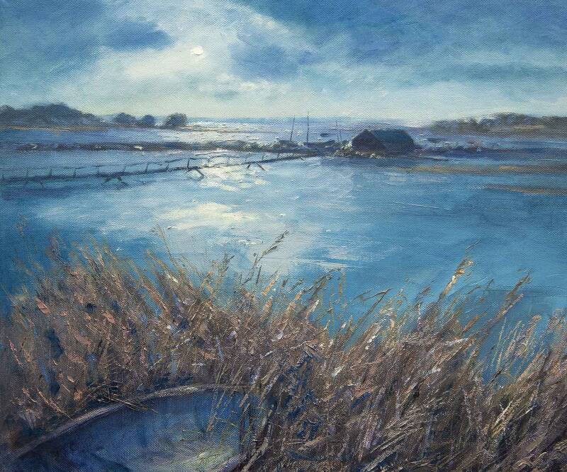 Original oil painting by Isle of Wight artist Anne Toms - a distant view of Newtown creek with a small wooden dingy in the reeds in foreground