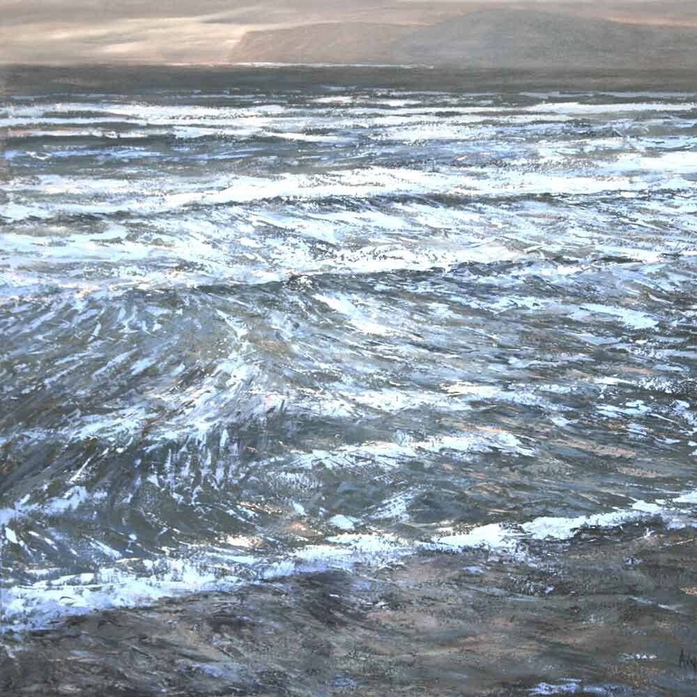 An original oil painting by Anne Toms - a seascape with an overcast sky and shallow white foamy waves breaking on a beach. Click image to go to Paintings page