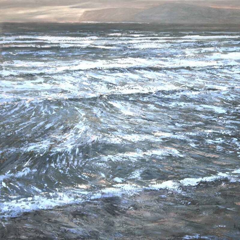 White foamy water breaking as shallow waves over the sand at Compton Bay - an original painting by West Wight artist Anne Toms
