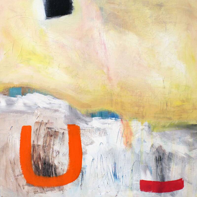 Happiness Comes From Somewhere - original oil painting by Isle of Wight artist Holly Maslen suggestive of awinter landscape with bold bright colour marks in foreground