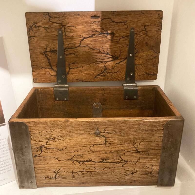 Photo of recycled Oak apprentice's tool box with hinge top lid standing open
