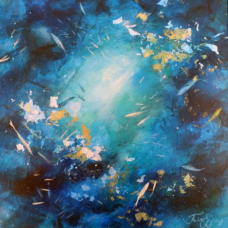 Mixed media abstract painting by Isle of Wight artist Julie Sajous - a shoal of fish sparkling underwater as the sun beams light up the sea