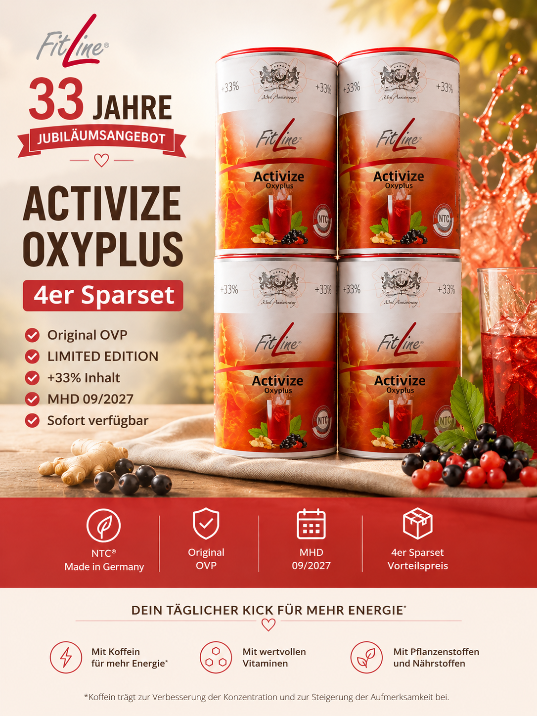 💥 FitLine Activize Oxyplus – 4er Sparset (33 Jahre Jubiläumsedition) 💥