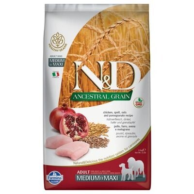 Farmina N&D Ancestral Grain Adult Medium & Maxi poulet, grenade pour chien  12 kg + 3KG GRATRUIT