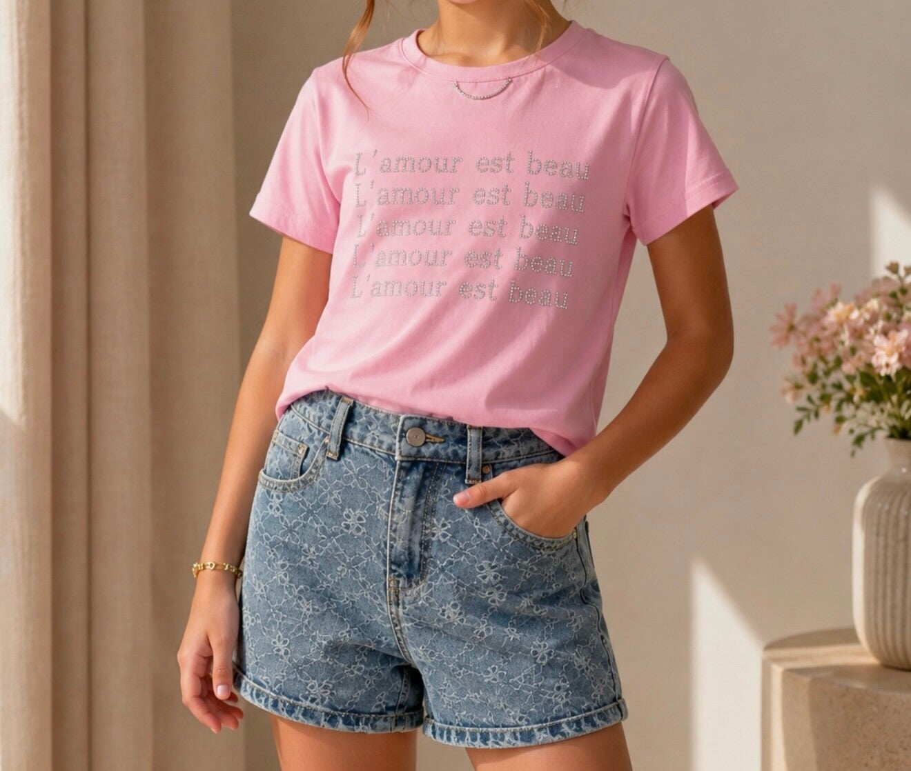 Tshirt met denim korte broek