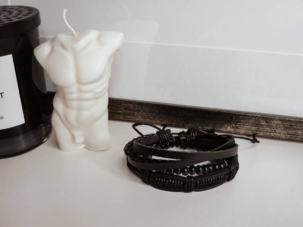 Men’s Black Leather Bracelet Set