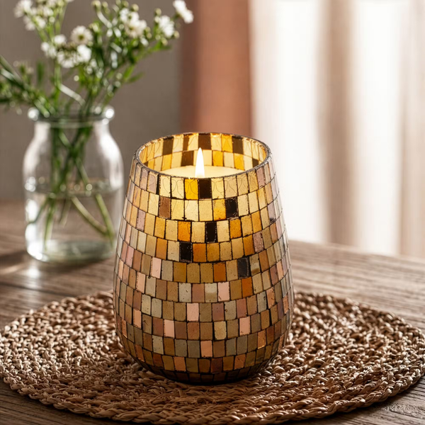 Kaars in glazen pot - amber mosaic - groot