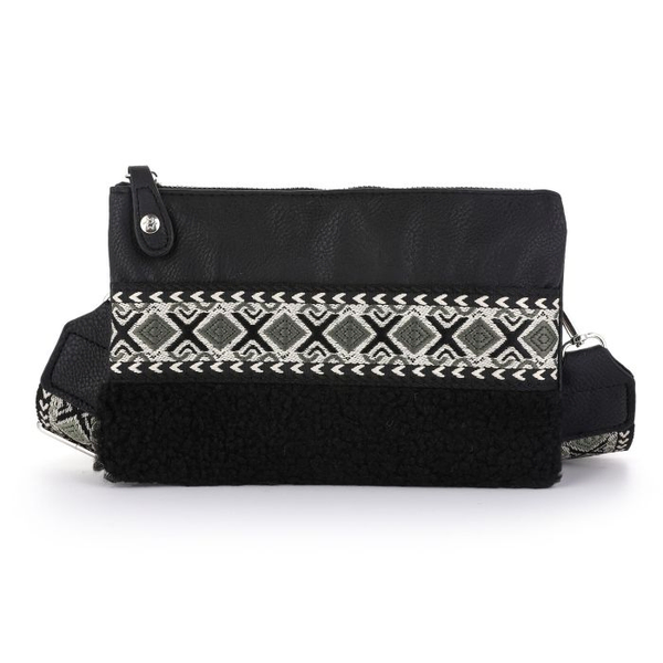 BOHO vakjes tasje met teddy + luxe schouderband Black
