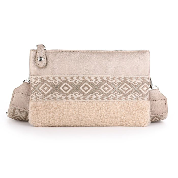 BOHO vakjes tasje met teddy + luxe schouderband Champagne