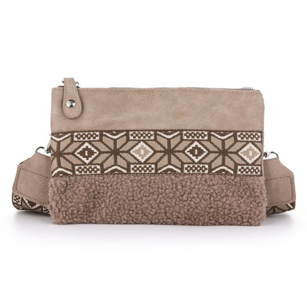 BOHO vakjes tasje met teddy + luxe schouderband Taupe