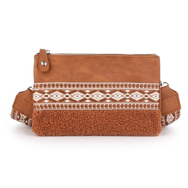BOHO vakjes tasje met teddy + luxe schouderband Camel