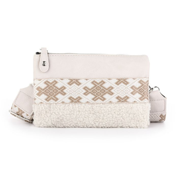 BOHO vakjes tasje met teddy + luxe schouderband Beige