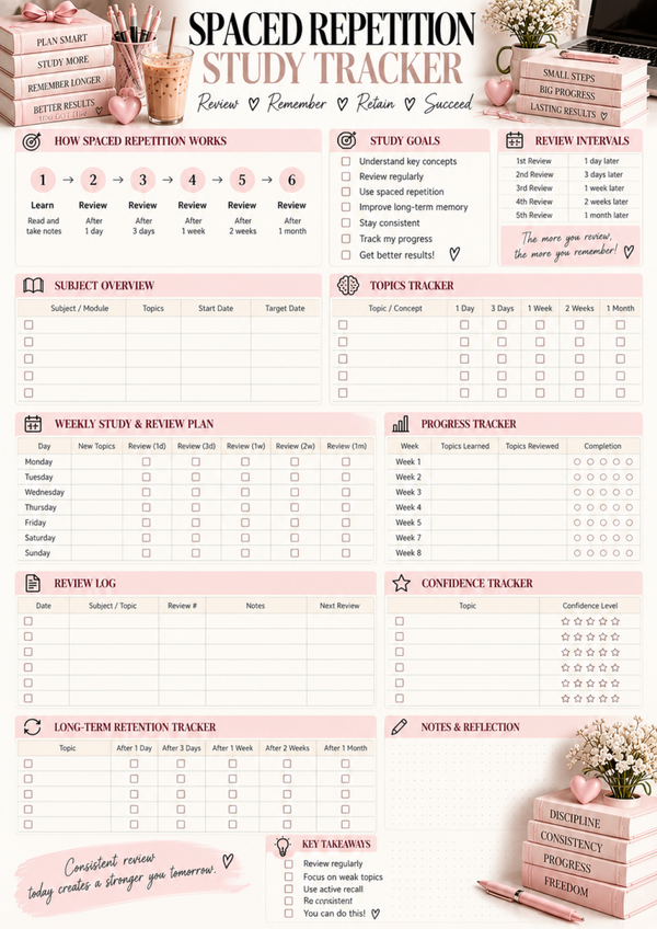 Spaced Repetition Study Tracker | Printable Study Planner & Exam Prep