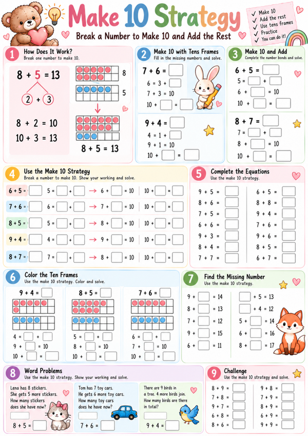 Make 10 Strategy | Free Addition to 20 Math Worksheet for Kids
