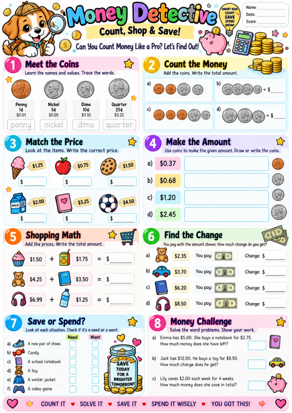 Free Counting Money Worksheets for Kids | 2nd Grade Math, Coins & Money Activities