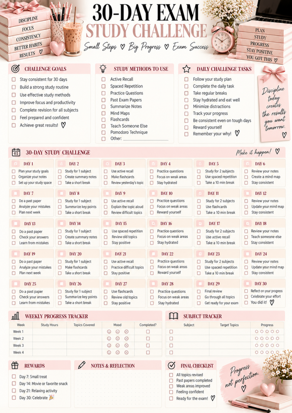 30 Day Study Challenge | Study Motivation, Exam Prep & Printable Planner